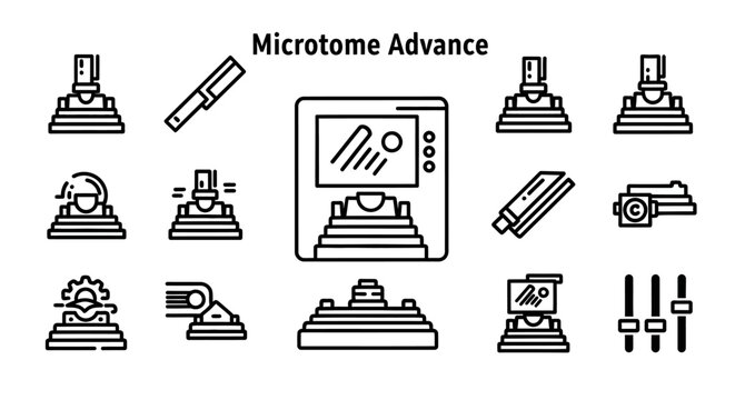 Microtome Advance, Laboratory Equipment Icons, Medical Lab Symbols, Vector Illustration Set