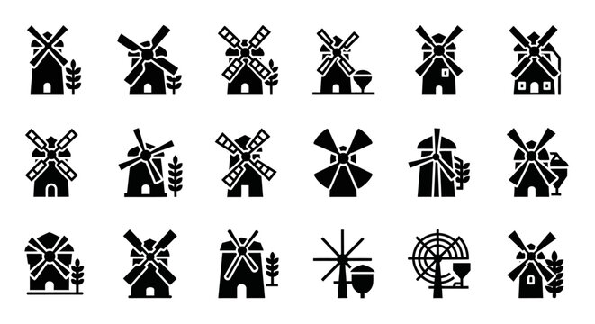 Windmill icons, black silhouette symbols, mill icons, wind turbine graphics, 20 icon set