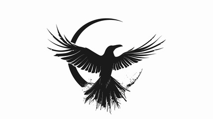 Obraz premium Black raven silhouette with outstretched wings against crescent moon symbol