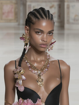 Fashion Model with Braided Hair and Jewelry, Beauty Editorial