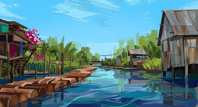 Abstract painting of a traditional timber longhouse in a lush tropical landscape
