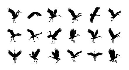 Obraz premium Black bird silhouettes, flying crane icons, 20 bird graphics, vector illustrations