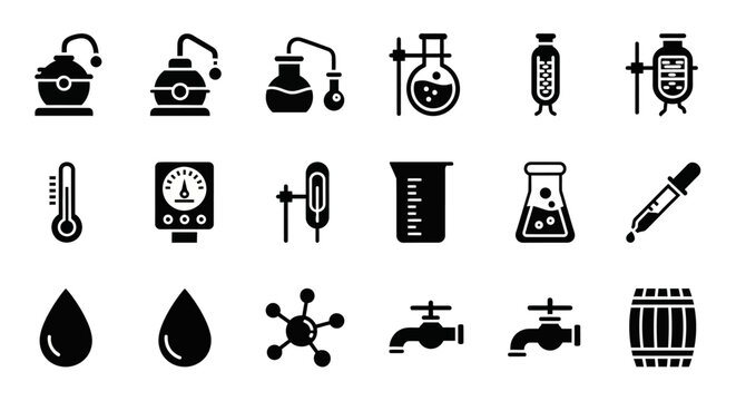 Laboratory, science icons, 20 black vector symbols, chemistry equipment, lab tools
