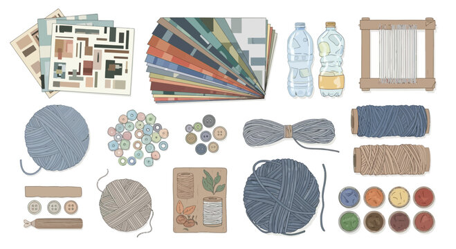 A detailed flat lay of various crafting supplies, all made from recycled items.