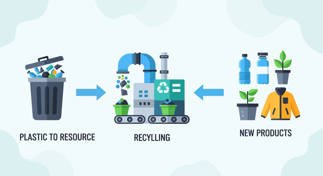 An imaginative illustration of a 'recycling transformation machine' that inputs generic waste items (bottles, paper, cans) on one side and outputs beautiful, new, useful objects