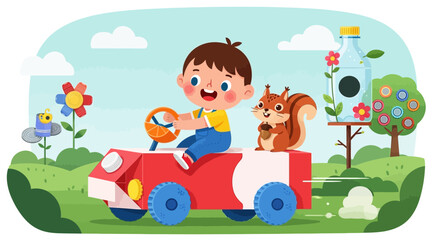 Obraz premium A cheerful character (e.g., a child or a friendly animal) playfully interacting with objects made from recycled materials. Perhaps a child riding a homemade toy car from a milk carton, or a squirrel w