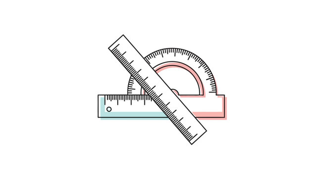 Minimalist vector art: A crisp, minimalist ruler and protractor intertwined, rendered in a two-color scheme. Geometric precision and clean, unembellished shapes.