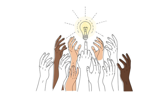 Abstract line art vector of multiple hands reaching up to a central lightbulb, symbolizing idea generation and brainstorming sessions.