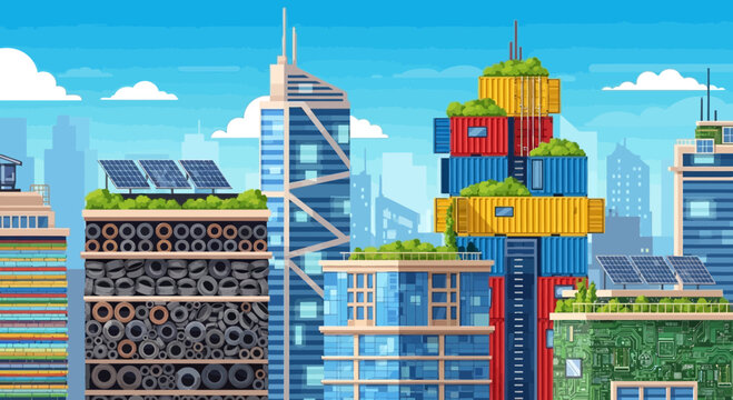 A stylized city skyline where buildings subtly integrate elements of recycled materials. Imagine facades made from stacked old tires, or roof gardens featuring planters from repurposed containers.