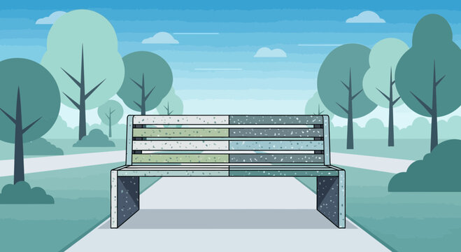 A conceptual design for an eco-friendly park bench made entirely from recycled plastic. The bench should be shown in a serene, minimalist park setting with stylized trees and a pathway. Flat Design, v