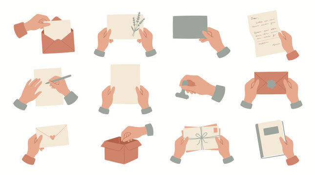 Secretary hands holding office paper sheets, envelopes, stamps and letters in flat illustration style, concept for postal correspondence, administrative paperwork and business communication