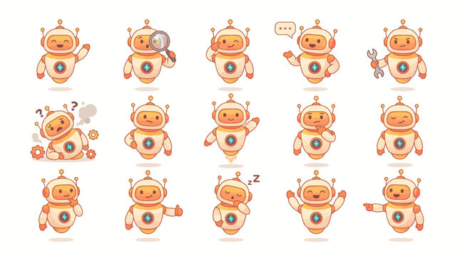 Cute robot mascot character set with various poses including flying, thinking and repairing, concept for chatbot interface, artificial intelligence marketing and technical support service