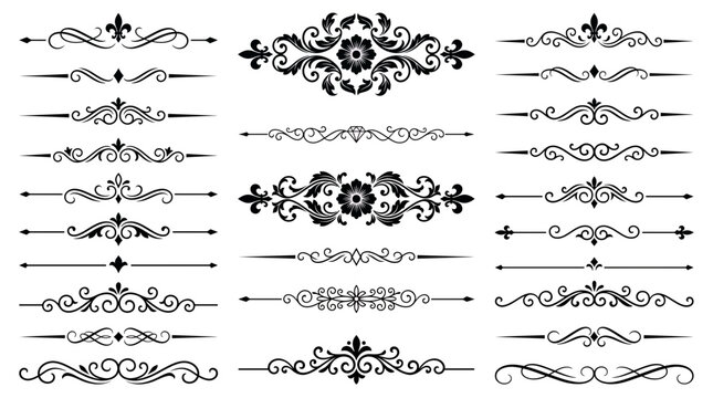 Set of black vintage ornamental dividers with floral motifs and elegant scrolls on white background, concept for wedding invitation, luxury brand packaging and professional book page layout