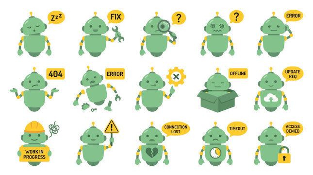 Set of cute green robot characters showing various technical errors, system status messages and maintenance notification icons, concept for app interface, web design and customer support
