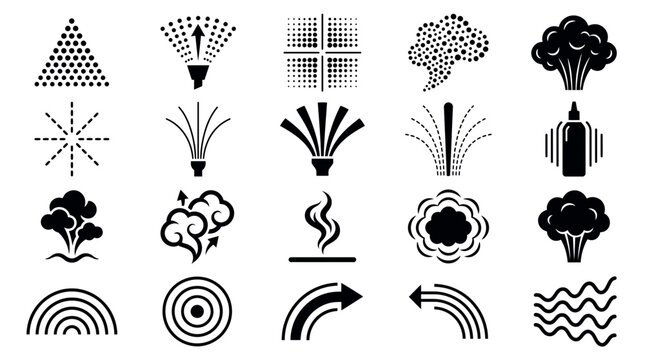 Collection of black aerosol spray icons featuring mist nozzles water jets and steam patterns on white background, concept for product branding, industrial cleaning and cosmetic packaging design