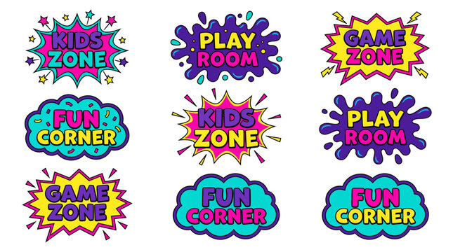 Vibrant collection of colorful comic speech bubbles and burst labels for kids zone play room game zone, concept for playground signage, children interior decoration and nursery branding