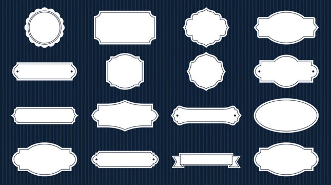 Collection of various white vintage frames and decorative blank labels set on dark blue pinstripe background, concept for graphic design elements, logo templates and product packaging