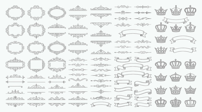 Set of vintage ornamental frames dividers ribbons and royal crowns on white background, concept for luxury branding, elegant wedding invitations and heraldic logo design