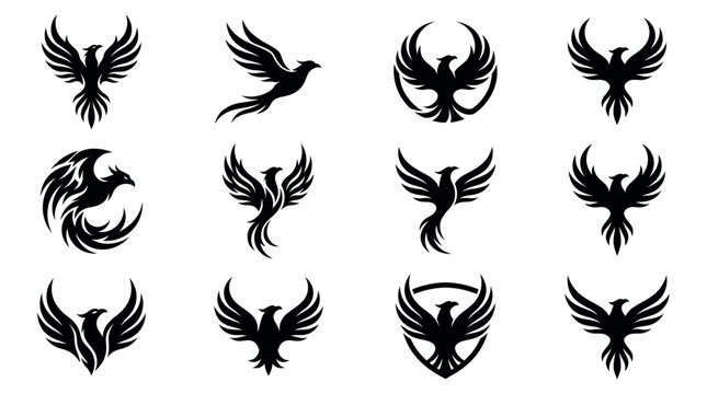 Set of mythical black phoenix bird silhouette logo collection icons isolated on white background, concept for corporate branding, sports team identity and creative graphic design