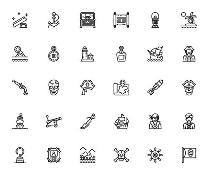 Pirate icon set. Vector illustration pack. Includes treasure, skull, ship, compass, map, sword, hook and more. Editable stroke.
