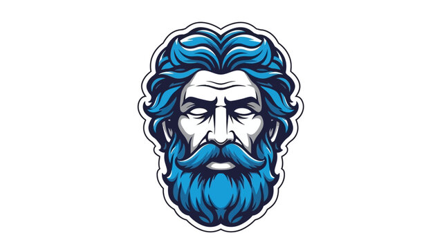 Stylized illustration of a bearded figure with blue hair and mustache on white