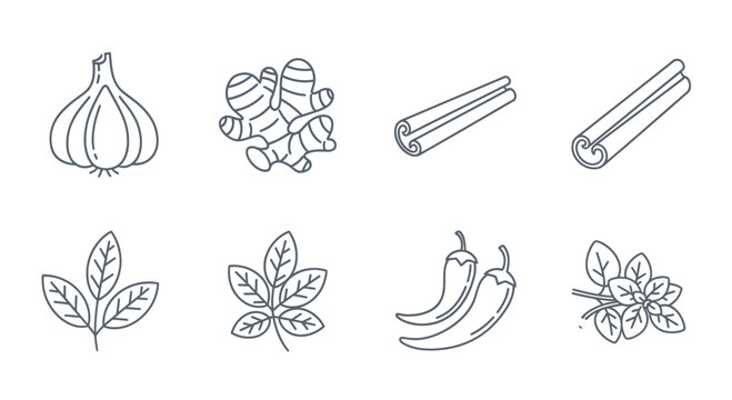 Herbs and Spices Icon Set: Garlic, Ginger, Cinnamon, Chili, Basil
