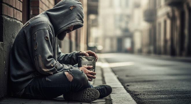 A desolate scene captures a hooded homeless man sitting on a city sidewalk asking for charity with a weathered metal can in his hands.
