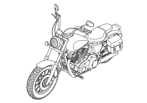 A line drawing of a classic motorcycle with a single seat and saddlebags