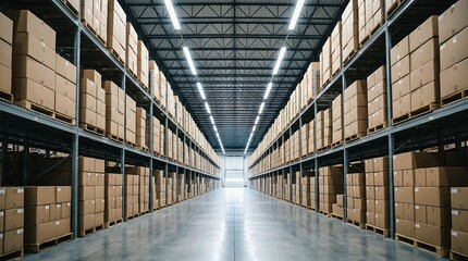 Fototapeta premium Vast Modern Warehouse Interior with Rows of Cardboard Boxes on Shelves