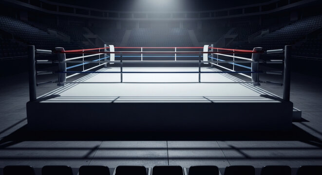 A professional boxing ring stands ready for action beneath a bright spotlight in a vast, darkened sports arena with empty seats, eagerly awaiting the next intense competition.