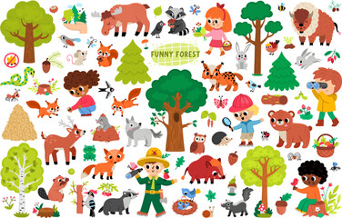Fototapeta premium Forest animals set for kids. Vector woodland birds, insects, trees, plants collection. Cartoon children, ranger pack. Cute bear, fox, deer, elk, beaver, squirrel clipart. Woods wildlife illustration