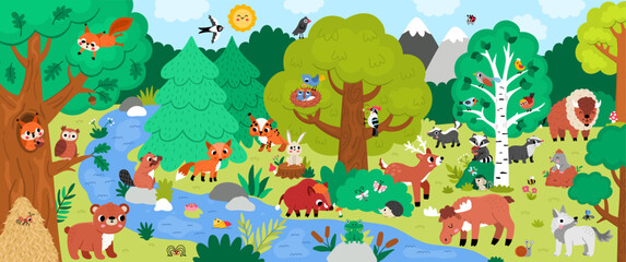 Fototapeta premium Horizontal cartoon forest animals border background. Nature woodland landscape with trees, plants, birds, insects, bear, fox, elk, bison. Wildlife panorama scene with stream, beaver, frog, raccoon
