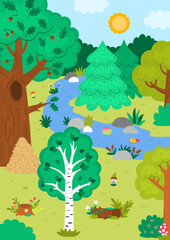 Naklejka premium Vertical cartoon forest background. Empty nature woodland landscape with trees, plants, stream, bushes, acorn, birch, fir tree. Wild thicket scene with anthill, mushrooms, river, log, stump