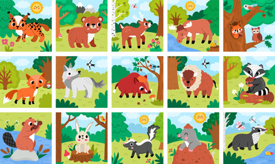 Fototapeta premium Square cartoon forest animals backgrounds set. Nature woodland landscapes collection with trees, plants, birds, insects, bear, fox, elk, bison. Wildlife scenes with stream, beaver, frog, raccoon