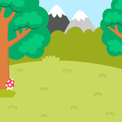 Fototapeta premium Cartoon forest background. Empty nature woodland landscape with trees, plants, mountains, grass. Wild thicket square scene for picture or story book creation