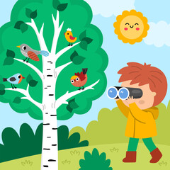 Obraz premium Square cartoon forest explorer background with cute birdwatching kid. Nature woodland landscape with boy watching birds sitting on birch tree. Wildlife scene with cute child, cuckoo, finch, robin