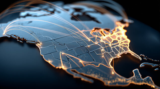 Digital map of North America with connecting routes representing communication networks, trade links, and regional connectivity.
