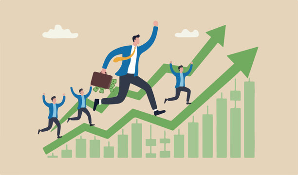 Success trader make profit with investment trading, stock market growth, get rich Crypto trading concept, confidence teams green done businessman investor money running on candlestick graph