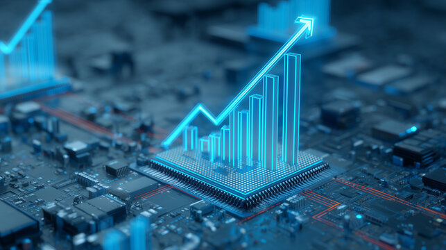 Microchip with rising financial bars and an upward arrow illustrating semiconductor growth, technology investment, and market expansion.
