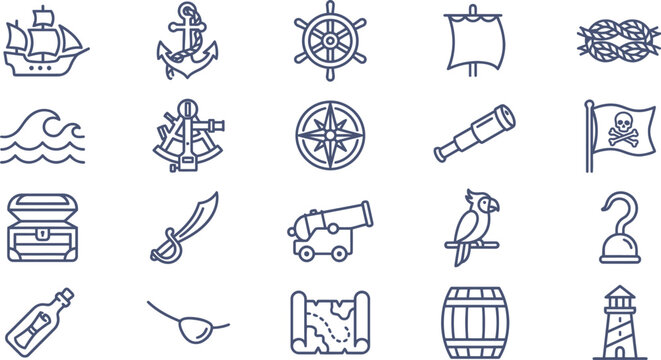 Nautical themed vector icon set featuring essential pirate symbols and maritime navigational tools for modern graphic design