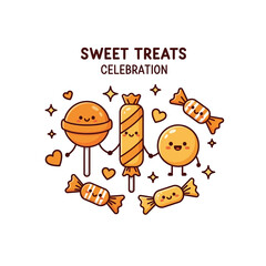 Naklejka premium A cute illustration of happy cartoon candies and sweets celebrating with hearts and stars, featuring a lollipop, wrapped candies, and a round sweet.