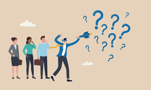 Unclear piggy meeting teams together blind business vision, leadership failure or mistake aiming goal, untrained or uneducated management concept, confused businessman blindfold throwing dart