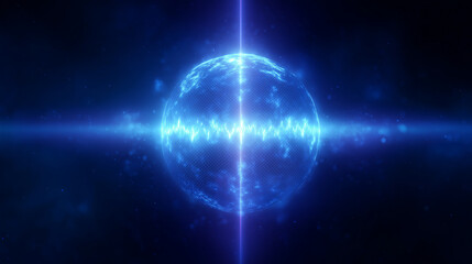 Fototapeta premium Glowing energy sphere with waveform in deep space, quantum technology and cosmic frequency concept, digital signal, sound wave, futuristic science, data transmission and universe b