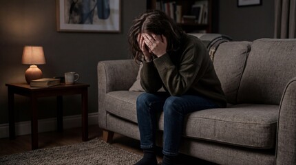 Obraz premium Depressed Young Woman Sitting Alone on Sofa at Home