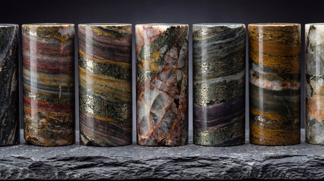 A macro close-up of cylindrical rare earth mineral core samples arranged vertically on a dark neutral surface. Visible layered geological strata, subtle metallic flecks, fractured crystalline textures