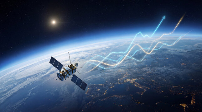 Cinematic wide-angle shot of a satellite orbiting Earth from space. The curvature of the planet visible below. Faint luminous upward stock trend lines integrated into the atmosphere glow