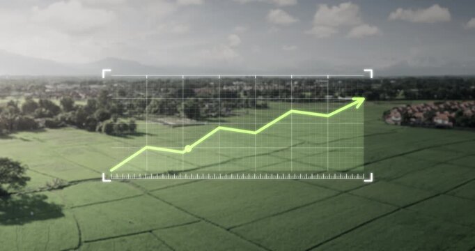Growth graph over farmland, dynamic rising line chart with green arrow overlaid on agricultural landscape. Symbolizes increasing land value, strong demand and positive investment trends in real estate