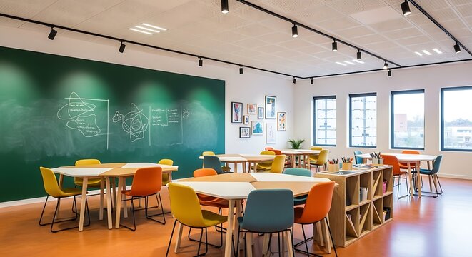 modern classroom with colorful chairs and tables, green chalkboard