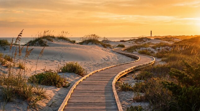 Warm Golden Seashore Pathway Crossing Sand Dunes with Subtle Coastal Vegetation and Peaceful Horizon