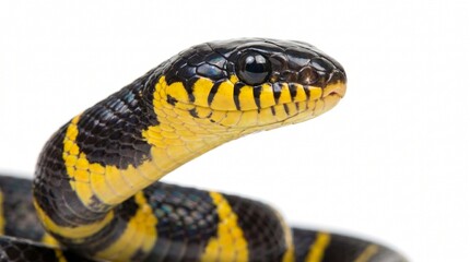 Obraz premium Mangrove snake with bold banding and large eyes in high-detail macro studio image. Isolated on White background
